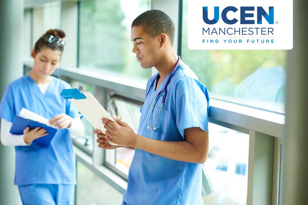 Two medical students examining results