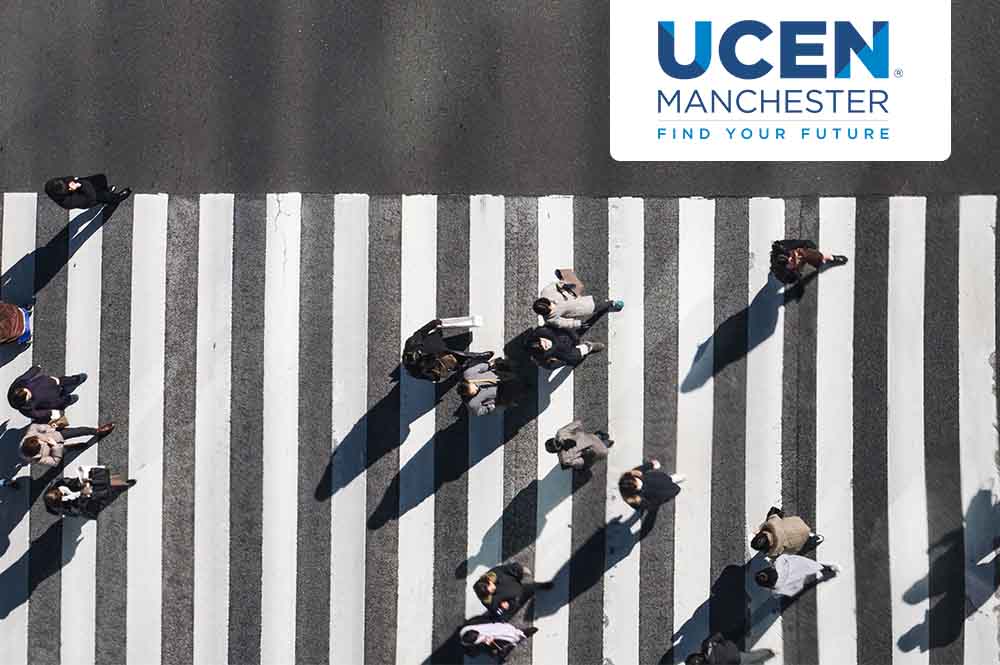 An ariel view of people walking in a city