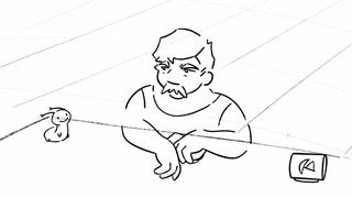 A still image taken from a black and white animation where a man finds an animal in his sandwich.