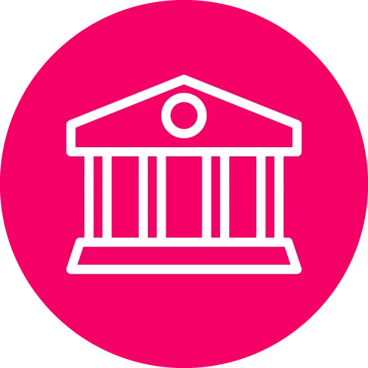 White outline icon of a classical building on a pink background.