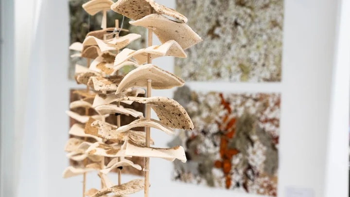 Close-up of a student-made sculptural artwork displayed as part of a Visual Arts exhibition at The Manchester College.