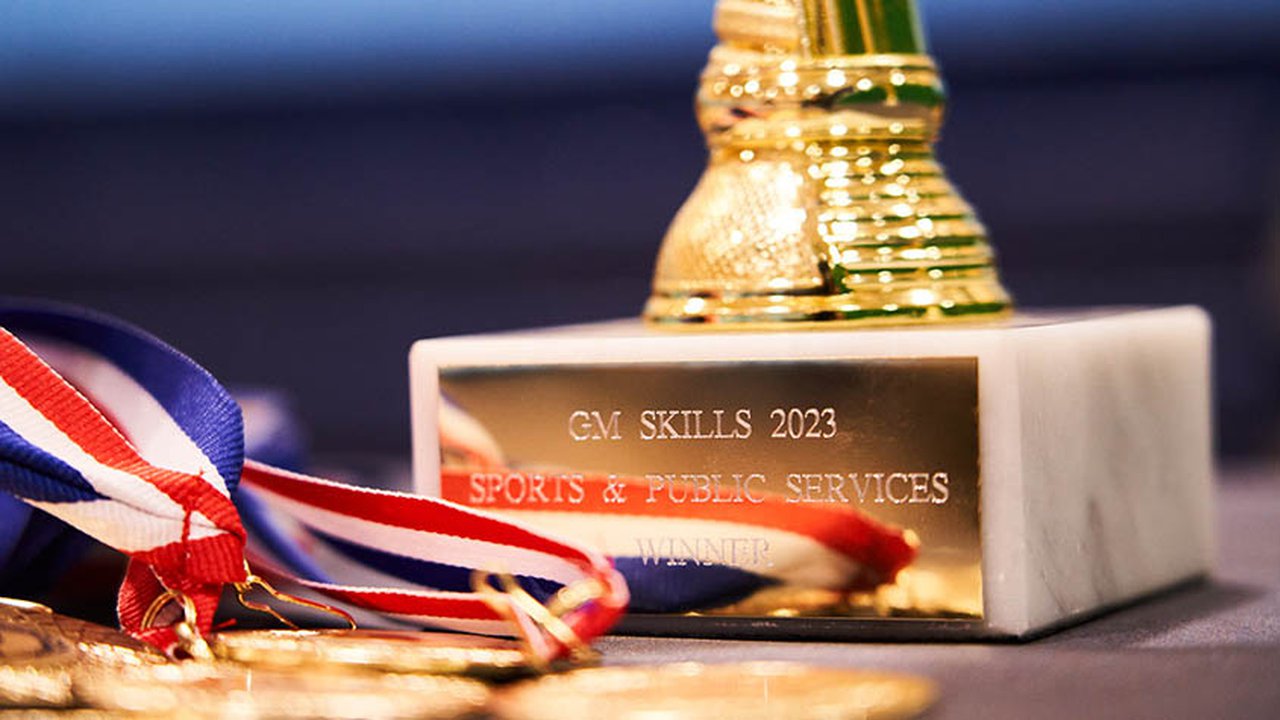 Photograph of the trophy The Manchester College students received for winning the Sports and Public Services GMColleges Skills Competition.