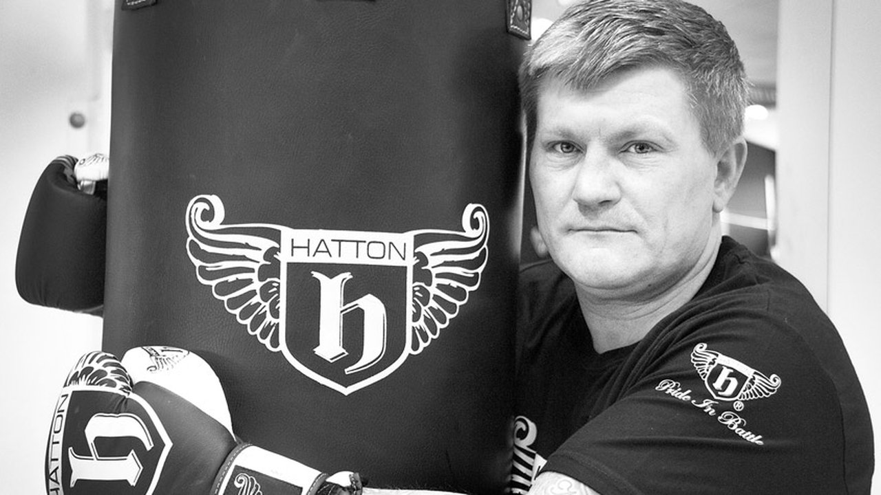 Black and white portrait photo of Ricky Hatton