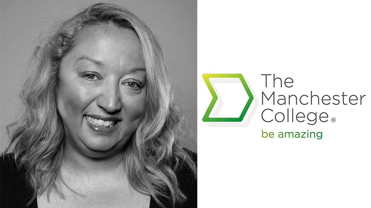 On the left is a black and white headshot of a smiling Louise Ince. On the right is the logo of The Manchester College.