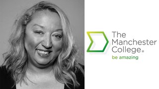 On the left is a black and white headshot of a smiling Louise Ince. On the right is the logo of The Manchester College.