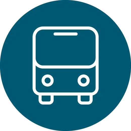 White outline icon of a bus on a dark blue background.