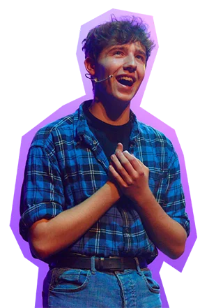 College learner wearing a blue checked shirt and a headset microphone on stage, shown as a cut-out image.