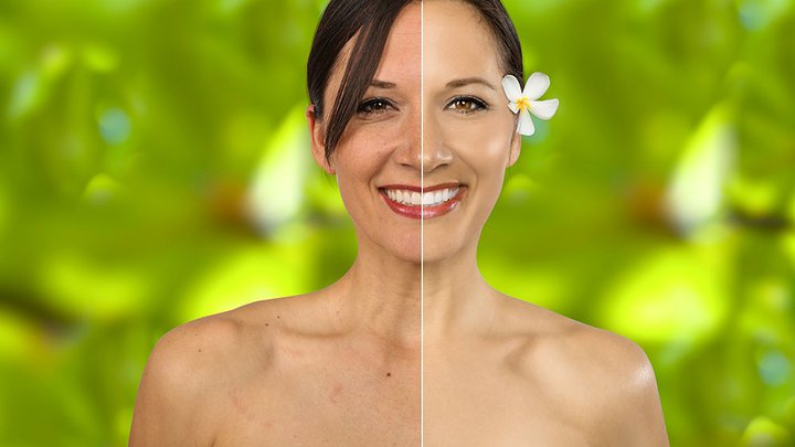 An image showing half a person without Photoshop additions and another half with