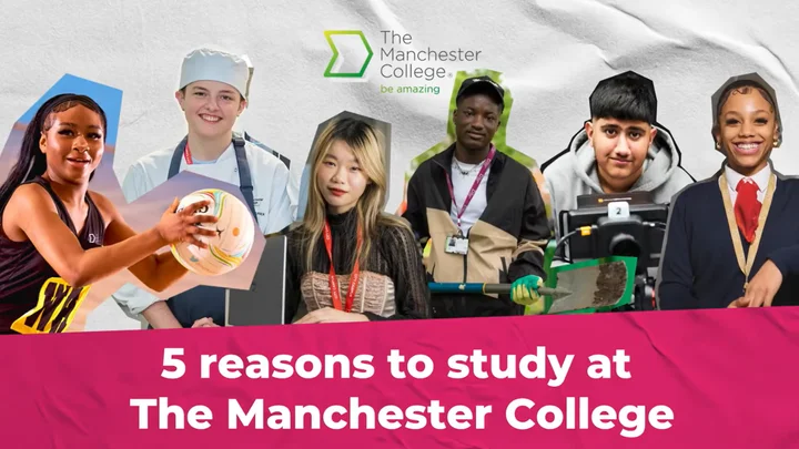 Collage of photos of students, all from a range of subject areas, displayed alongside The Manchester College branding. Text reads "5 reasons to study at The Manchester College"