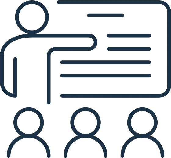 icon of 3 students listening to a teacher pointing to a board