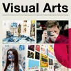 Visual Arts subject guide thumbnail showing a four-part collage of creative work: an art installation in blue and white, a person taking a photo with a camera, a model with blue-painted facial art, and a gallery wall with various printed artwork.