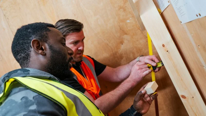 Two individuals using a tape measure to measure timber in a construction workshop for learners at The Manchester College.