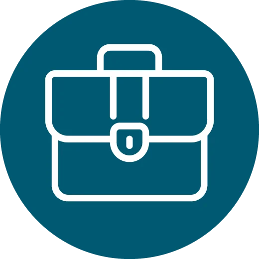 White outline icon of a briefcase on a dark blue background.