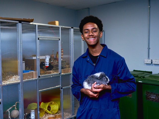 A learner holding a guinea pig