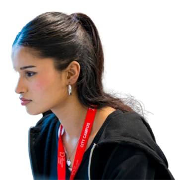 College learner wearing a dark hoodie, shown in profile as a cut-out.