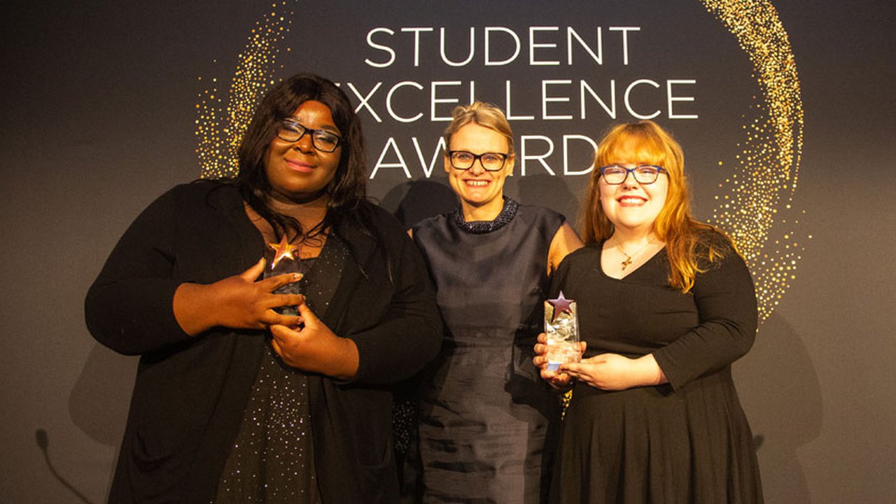 Pictured (L-R) Venus Ubah, Lisa O'Loghlin, Principal of The Manchester College, and Poppy Beswick at he Student Excellence Awards 2019