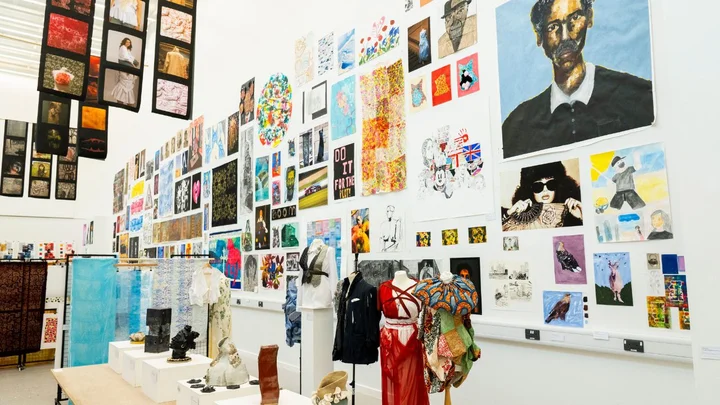 Visual Arts student exhibition featuring artwork, fashion garments, ceramics and mixed media displays at The Manchester College City Campus Manchester.