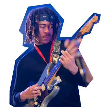College learner playing an electric guitar on stage, shown as a cut-out image with a blue border.