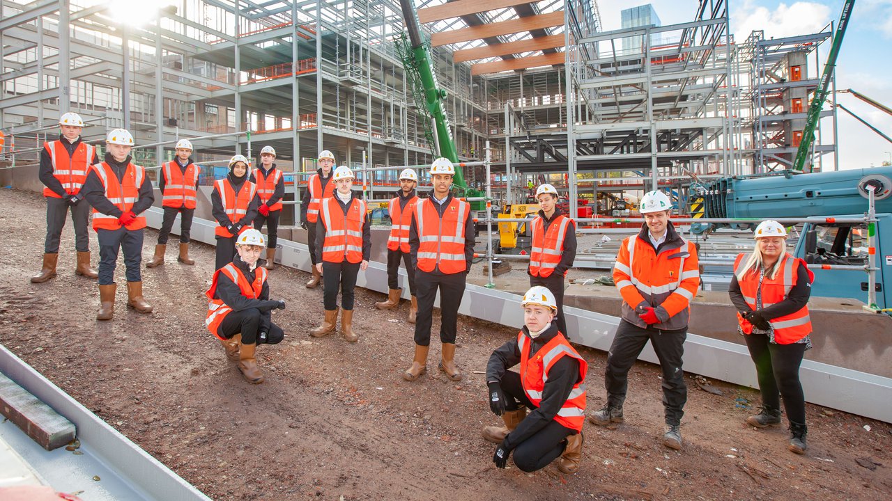 Construction students at the site of City Campus Manchester