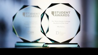 Trophies from The Manchester College's Student Awards 2022