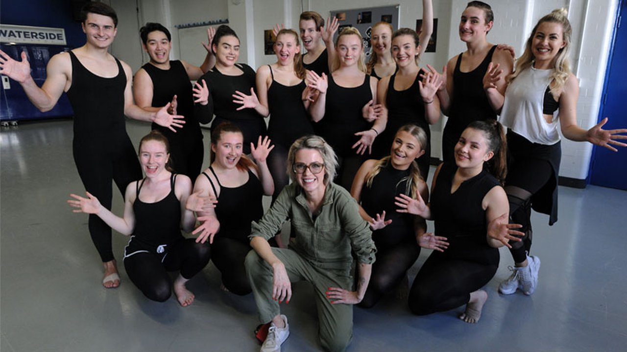 Actor Sally Carman, from Coronation Street, with a group The Manchester College students