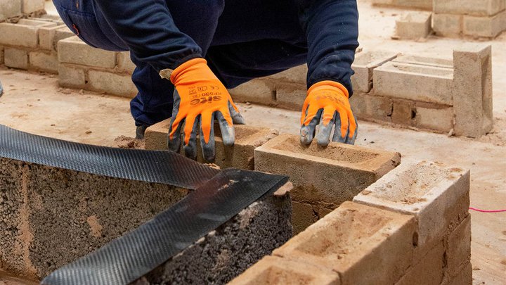 Close-up of an internal brick wall being created