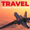 Travel, Tourism and Aviation subject guide thumbnail showing a jet airplane flying above the clouds during a sunset.