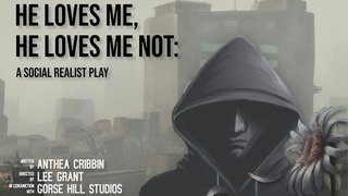 The image is the promotional poster for the play, which is a dark dystopian painting of a man in a city setting.