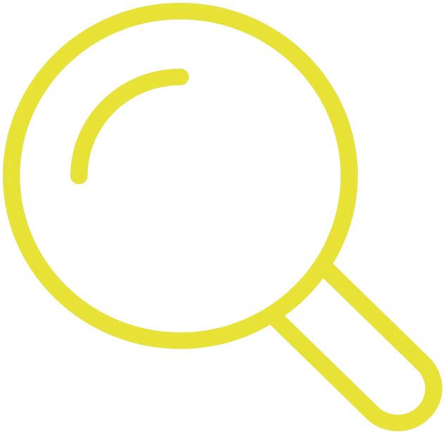 Yellow outline icon of a magnifying glass.