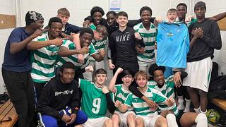 Photograph of The Manchester College's men's football team celebrating in the changing room after winning the Association of Colleges’ North West Men’s Regional League 1.