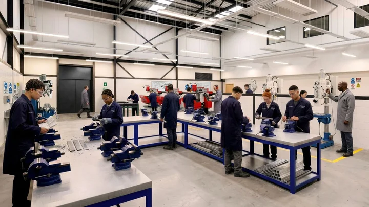 Engineering students developing their skills in a state-of-the-art workshop at The Manchester College Openshaw Campus engineering facility.