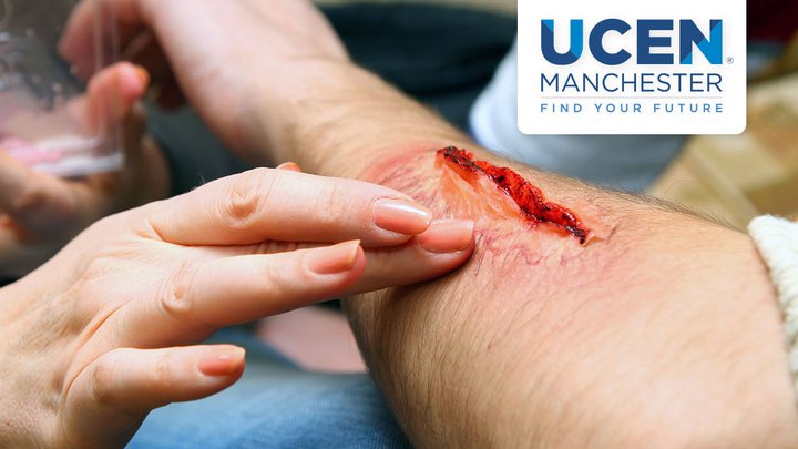 Close-up of a prosthetic wound on a students arm