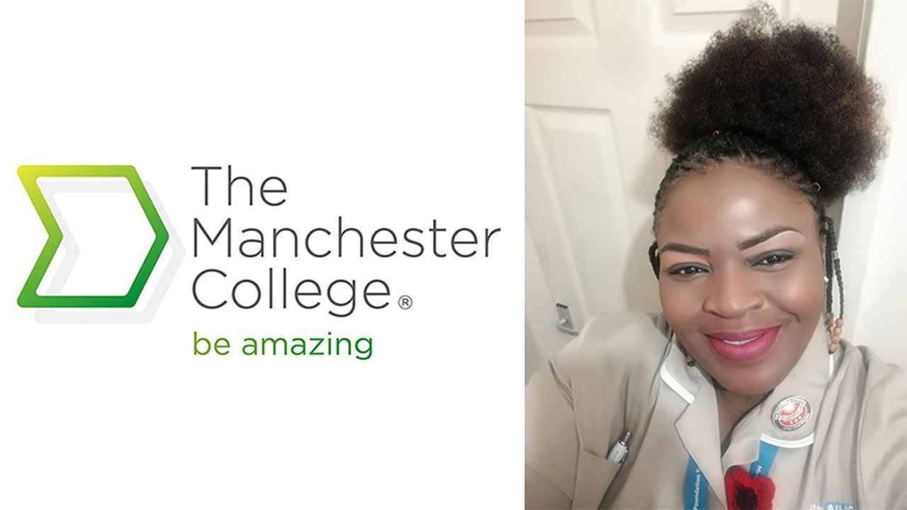 On the right is a selfie of Pamela in her NHS uniform. On the right is The Manchester College logo.