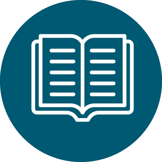 White outline icon of an open book on a teal background.