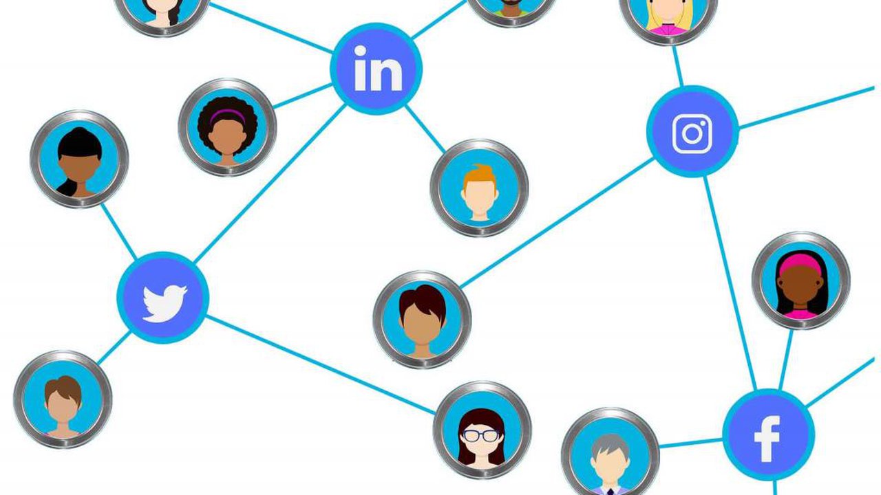 Social media icons connected to heads