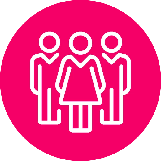 White outline icon of a group of people on a pink background.