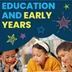 Education and Early Years subject guide thumbnail showing three young children looking intently at a book, with stylized star drawings in the dark background above them.